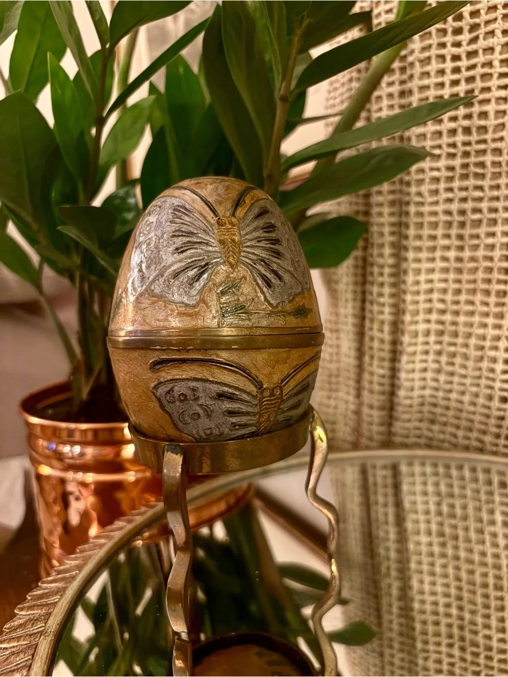 Vintage Brass Butterfly Cloisonné Decorative Egg Trinket Box